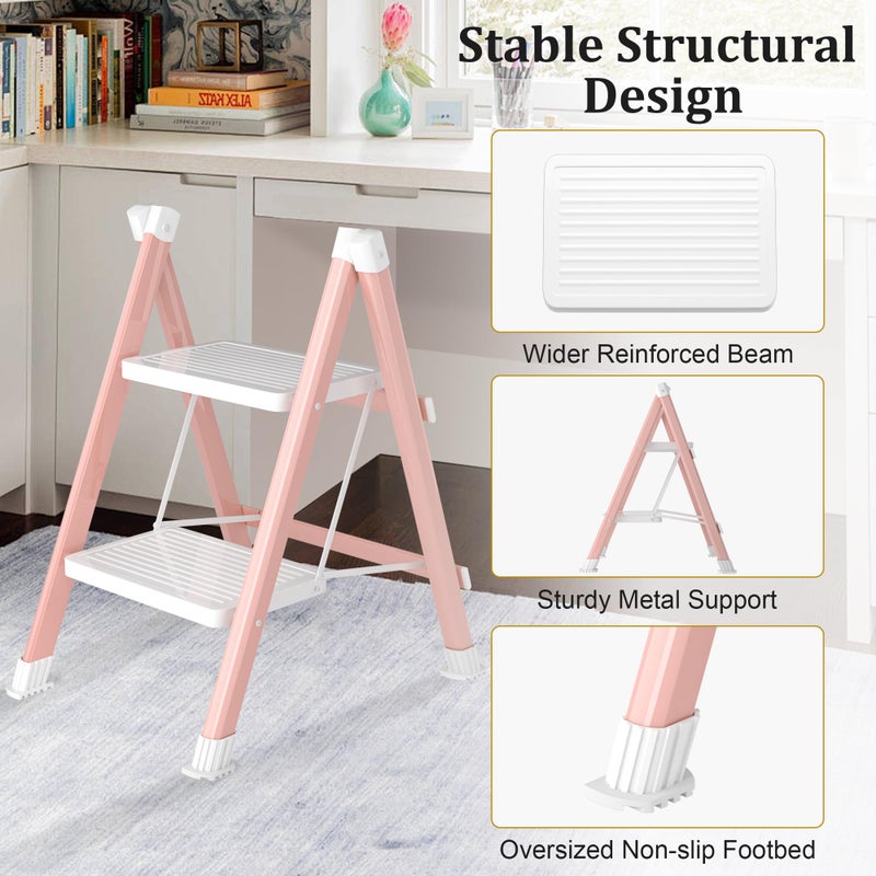 DIAMONDFORGE 2 Step Ladder, Folding Step Stool with Anti-Slip Wide Pedal, Anti-Slip Feet, Sturdiest Steel Construction, 600lbs Capacity Steel Ladder for Home and Office, Pink White - Image 3