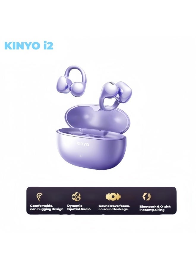 كينيو سماعات KINYO i2 نوع فتحه للأذن، بتتثبت بالكلب، خفيفة ومريحة، صوتها مش بيتسرب، ثابته على الأذن، جسمها متين، بييجي معاها جناحات أذن اختيارية، وحدة سائق كبيرة ١٥مم، فيها ٤ ميكروفونات وتقنية الذكاء الاصطناعي عشان جودة المكالمات تبقى واضحة، مدة تشغيل ٨٠ ساعة، مقاومة للمياه IPX4، لون بنفسجي - Image 1