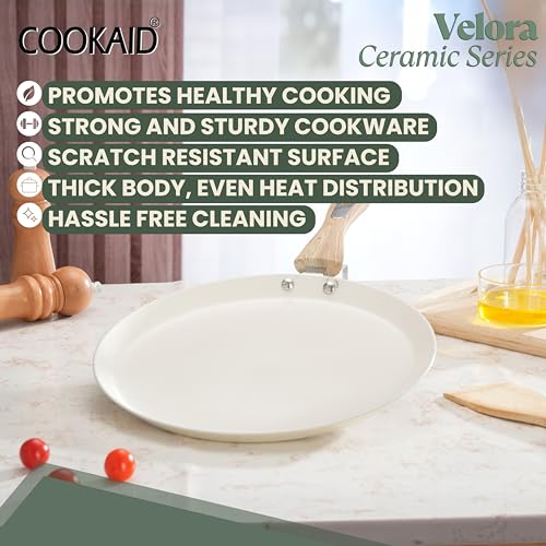 COOKAID Dosa Tawa Non Stick 25 cm | Dosa Tawa Ceramic | ISI Certified | Aluminium Body | Low-Oil Cooking, Quick & Even Heating, Gas & Induction Compatible | Velora - Cream - Image 4