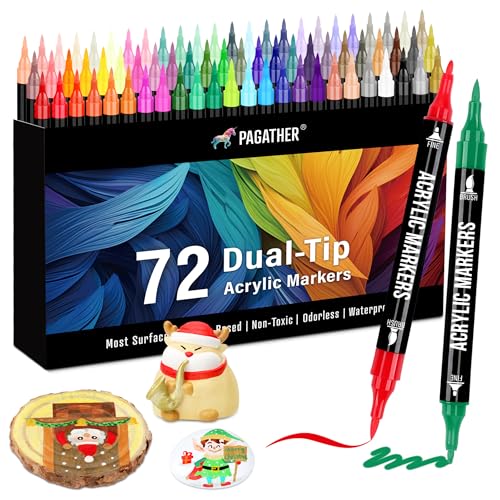 Pagather 72 Colors Acrylic Paint Markers, Dual Tip with Fine Tip and Brush Tip Pens for Stone, Wood, Calligraphy, Canvas, Ceramic, Metal, Glass, Rock Painting, DIY Crafts - Image 1