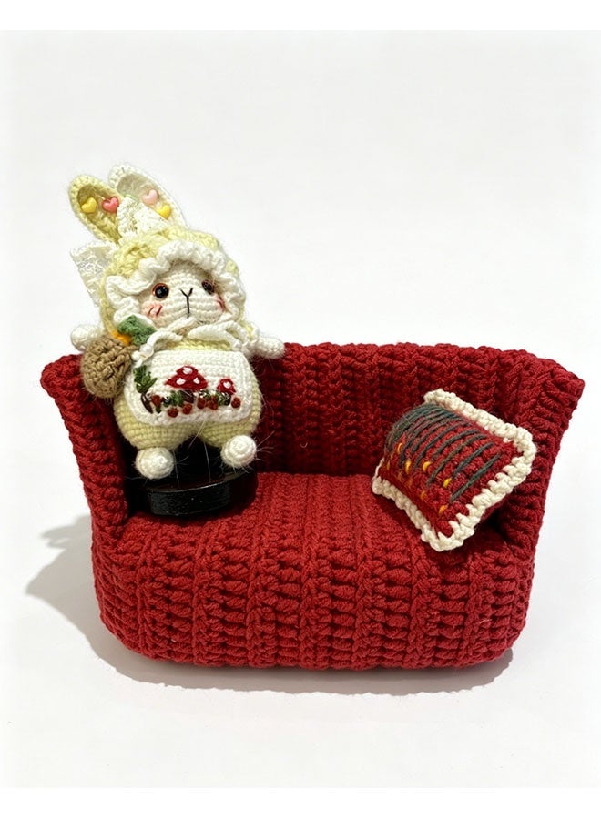 Beauenty Handmade Crochet Christmas Red Sofa Bunny Set, Cute Mushroom Print Rabbit with Knitted Couch, Festive Desktop Decor, Unique Handcrafted Gift - Image 1