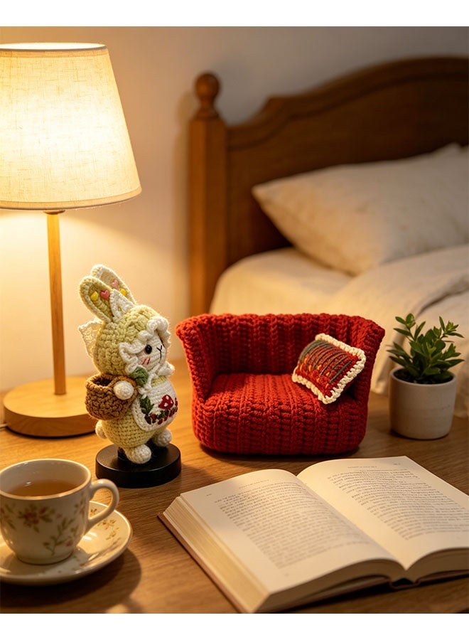 Beauenty Handmade Crochet Christmas Red Sofa Bunny Set, Cute Mushroom Print Rabbit with Knitted Couch, Festive Desktop Decor, Unique Handcrafted Gift - Image 2