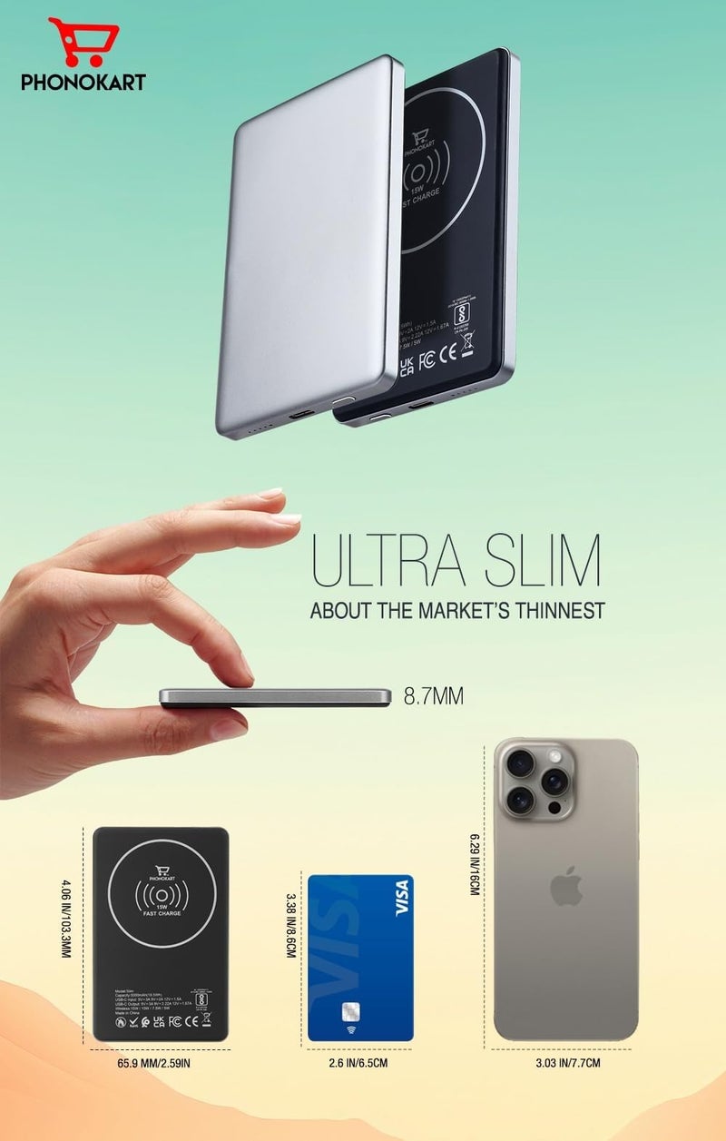 PHONOKART Slim MAGSAFE 5000 mAh Power Bank (15W Mag Safe & 20W PD Type-C Fast Charging) PKSLIMPB-DTITAN (Desert Titanium) - Image 3