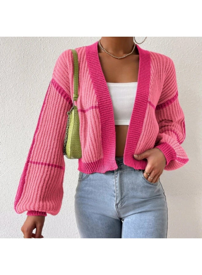 NIBEMINENT Cardigan Coat Women Sweater Knitting Outerwear Knitwear V Neck Contrast Color Knitted Jacket Autumn Winter  Office Lady