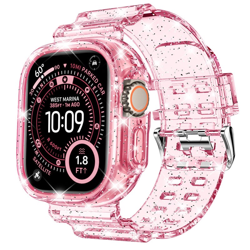 DABAOZA Compatible for Clear Apple Watch Ultra 3 2 Band with Bumper Case 49mm, Women Men Glitter Bling TPU Sport Strap for iWatch SE Ultra 3 2 Series 11 10 9 8 7 6 5 4 3 2 1ï¼ˆGlitterPink,49ï¼‰ - Image 1