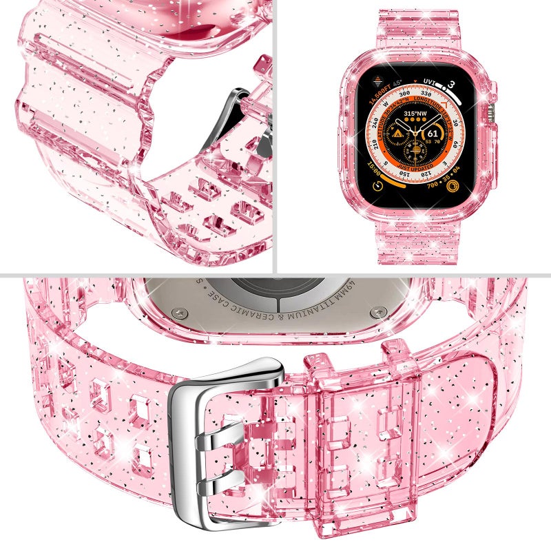 DABAOZA Compatible for Clear Apple Watch Ultra 3 2 Band with Bumper Case 49mm, Women Men Glitter Bling TPU Sport Strap for iWatch SE Ultra 3 2 Series 11 10 9 8 7 6 5 4 3 2 1ï¼ˆGlitterPink,49ï¼‰ - Image 3