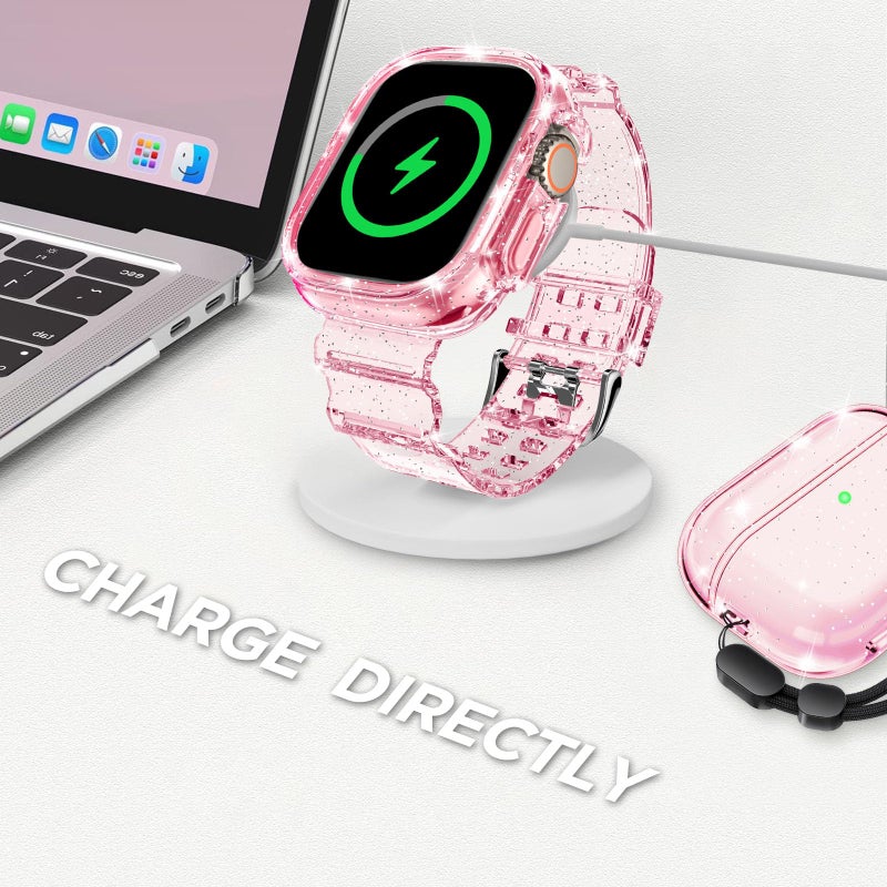 DABAOZA Compatible for Clear Apple Watch Ultra 3 2 Band with Bumper Case 49mm, Women Men Glitter Bling TPU Sport Strap for iWatch SE Ultra 3 2 Series 11 10 9 8 7 6 5 4 3 2 1ï¼ˆGlitterPink,49ï¼‰ - Image 5