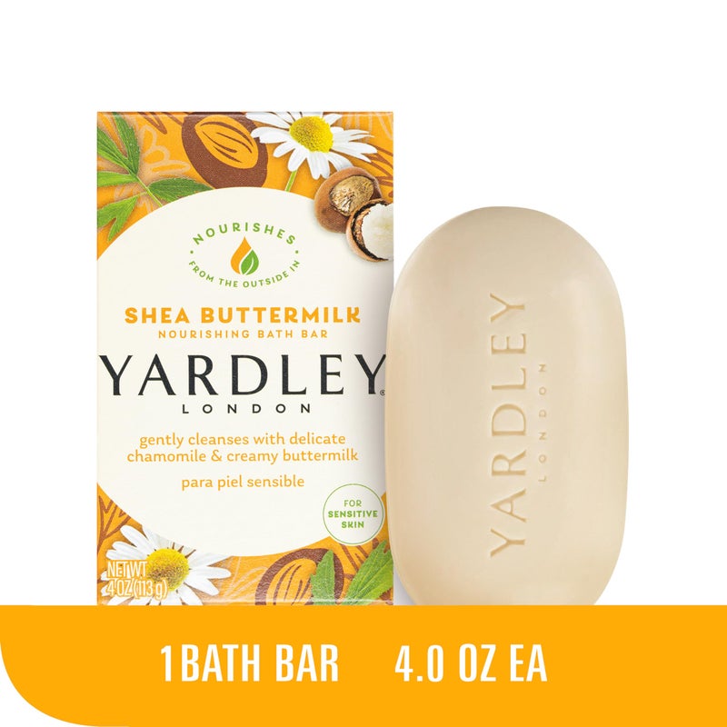 Yardley London Nourishing Bath Soap Bar Shea Buttermilk for Sensitive Skin, Gently Cleanses with Delicate Chamomile & Creamy Buttermilk, 4.0 oz Bath Bar, 1 Soap Bar - Image 2