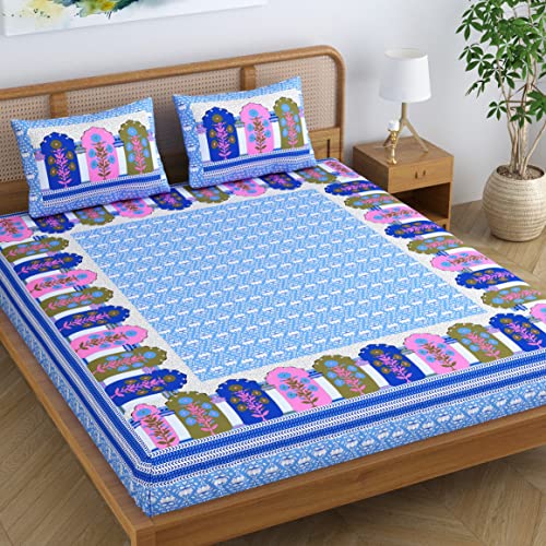 Colorish Cotton Blend Glory Floral Printed Jaipuri Bedsheet for Double Bed King Size with 2 Pillow Covers - Scuba Blue - Image 1