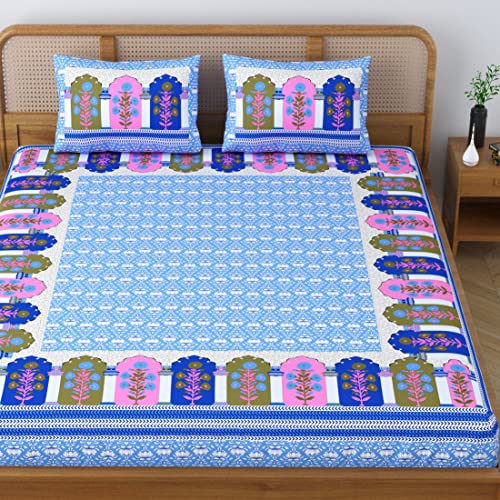 Colorish Cotton Blend Glory Floral Printed Jaipuri Bedsheet for Double Bed King Size with 2 Pillow Covers - Scuba Blue - Image 2