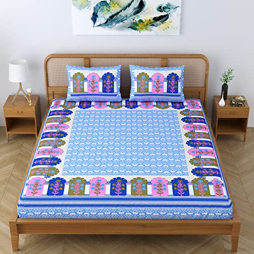 Colorish Cotton Blend Glory Floral Printed Jaipuri Bedsheet for Double Bed King Size with 2 Pillow Covers - Scuba Blue - Image 5