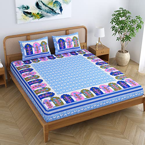 Colorish Cotton Blend Glory Floral Printed Jaipuri Bedsheet for Double Bed King Size with 2 Pillow Covers - Scuba Blue - Image 4
