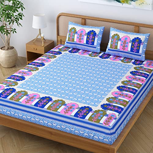 Colorish Cotton Blend Glory Floral Printed Jaipuri Bedsheet for Double Bed King Size with 2 Pillow Covers - Scuba Blue - Image 3