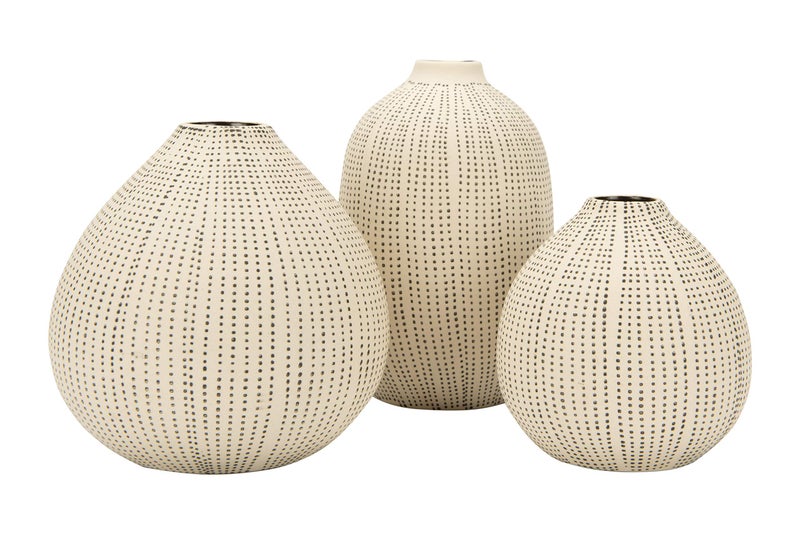 Creative CoOp White Stoneware Vases with Textured Black Polka Dots Set of 3 Sizes