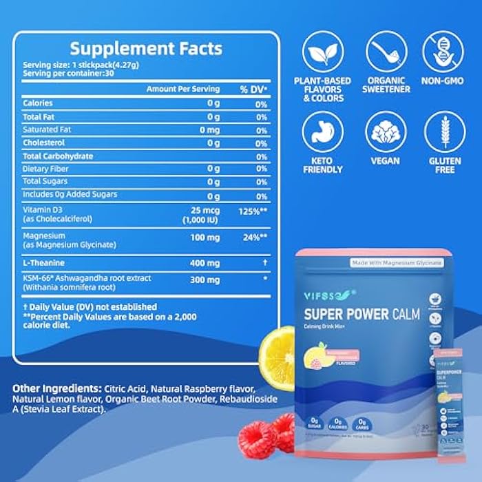 VIFSSG Super Power Calming Powdered Drink Mix, Raspberry Lemonade 30 Packets, L-Theanine, Ksm-66 Ashwagandha, Magnesium Glycinate, Vitamin D3 Supplements, Sugar-Free, Non-GMO for Relax & Focus - Image 2