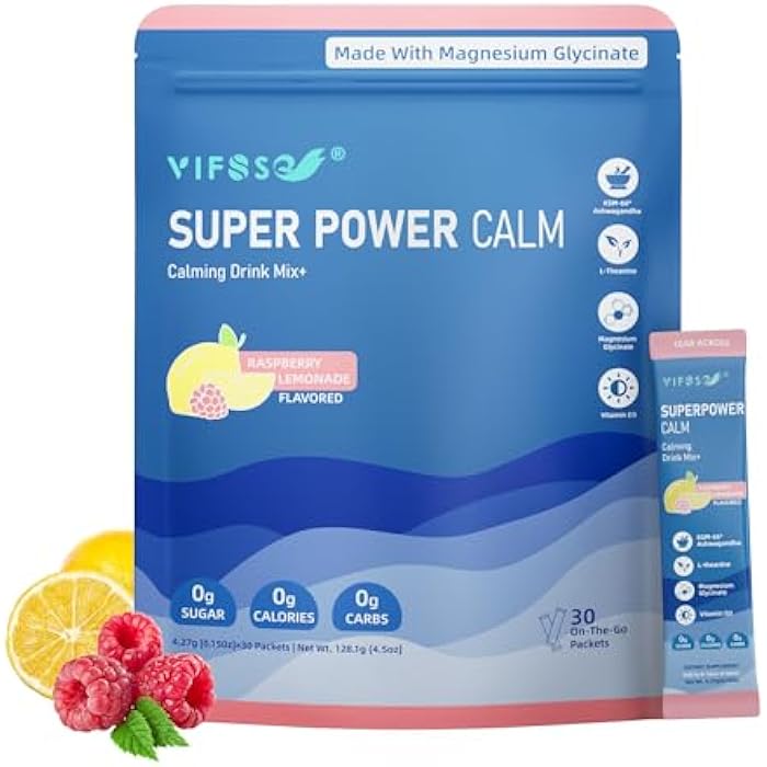 VIFSSG Super Power Calming Powdered Drink Mix, Raspberry Lemonade 30 Packets, L-Theanine, Ksm-66 Ashwagandha, Magnesium Glycinate, Vitamin D3 Supplements, Sugar-Free, Non-GMO for Relax & Focus - Image 1