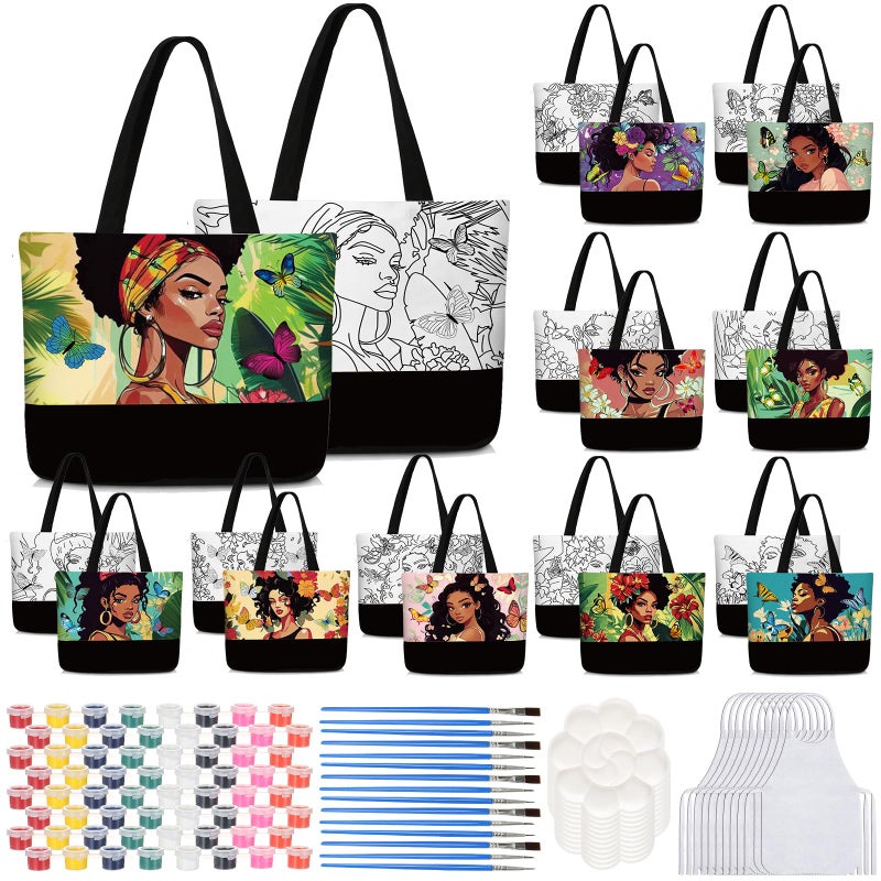 Locmeo 10 Set Pre Drawn Canvas Bags Set Paint and Sip Kit for Adults Painting DIY Tote Bags Making Kit with Paintbrushes Paints Apron Palette for Painting DIY Party Women AdultsAfro Queen - Image 2