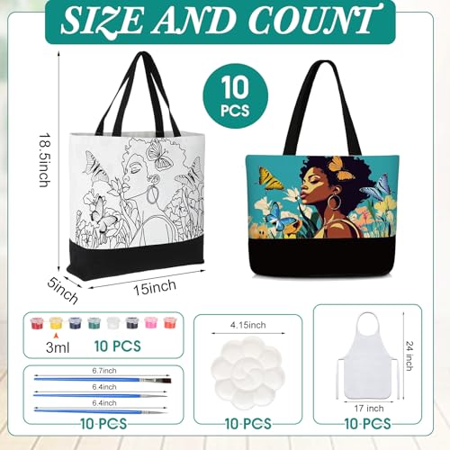 Locmeo 10 Set Pre Drawn Canvas Bags Set Paint and Sip Kit for Adults Painting DIY Tote Bags Making Kit with Paintbrushes Paints Apron Palette for Painting DIY Party Women AdultsAfro Queen - Image 3