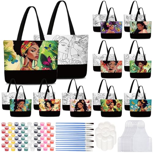 Locmeo 10 Set Pre Drawn Canvas Bags Set Paint and Sip Kit for Adults Painting DIY Tote Bags Making Kit with Paintbrushes Paints Apron Palette for Painting DIY Party Women AdultsAfro Queen - Image 1