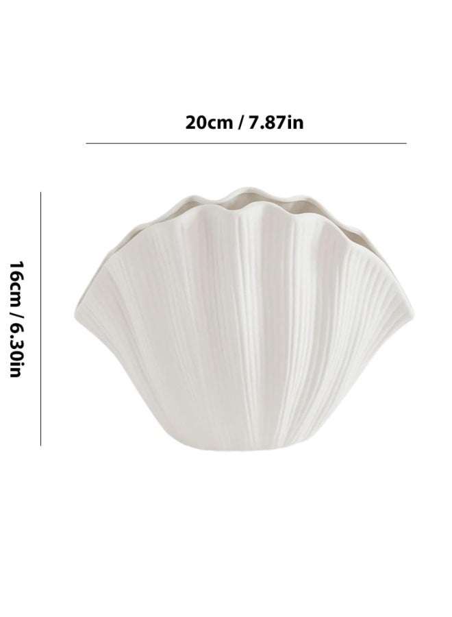 بتيمفم مزهرية خزفية بيضاء على شكل صدفة ساحلية بوهو، ديكور مزرعة بسيط لعشب البامباس، والزهور، وقطع الزينة المركزية، وتنسيق المنزل - Image 5