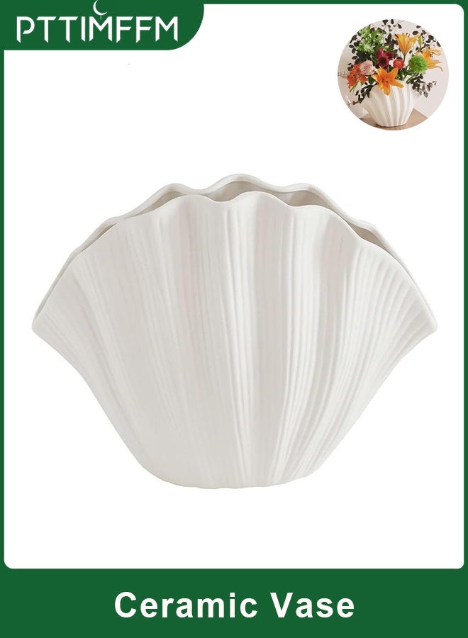 بتيمفم مزهرية خزفية بيضاء على شكل صدفة ساحلية بوهو، ديكور مزرعة بسيط لعشب البامباس، والزهور، وقطع الزينة المركزية، وتنسيق المنزل - Image 1