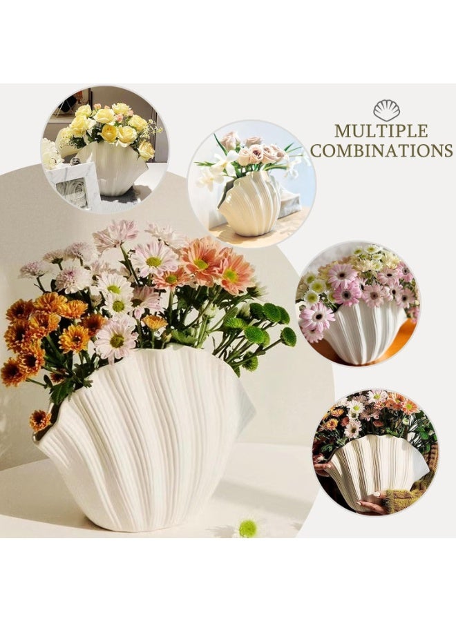 بتيمفم مزهرية خزفية بيضاء على شكل صدفة ساحلية بوهو، ديكور مزرعة بسيط لعشب البامباس، والزهور، وقطع الزينة المركزية، وتنسيق المنزل - Image 4