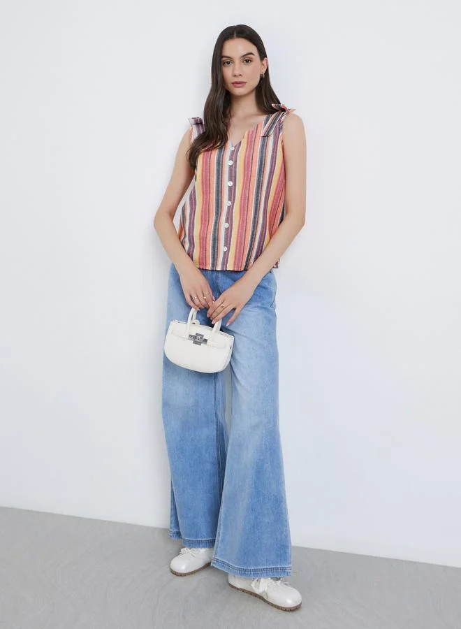 Take Two Take Two Striped V-Neck Buttoned Strappy Top