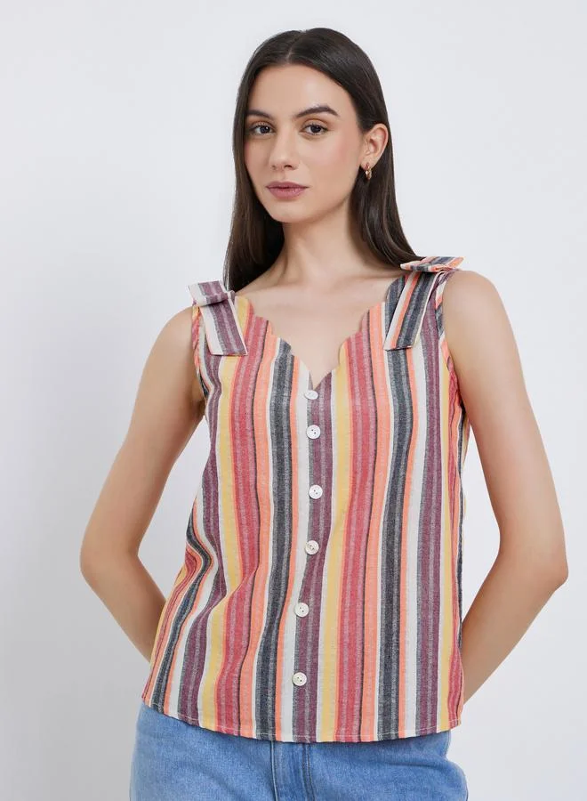 Take Two Take Two Striped V-Neck Buttoned Strappy Top