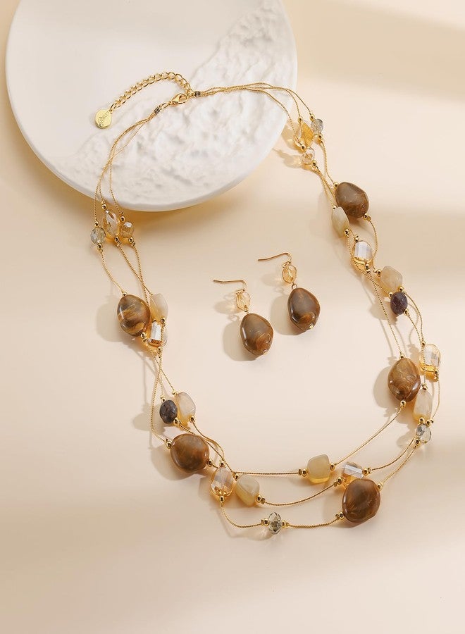 Coiris Layered Chunky Statement Necklace for Women Boho Colorful Costume Jewelry for Women Multi-Layer Long Beaded Necklaces and Earring Jewelry Set for Women(ST0024-Brown) - Image 3