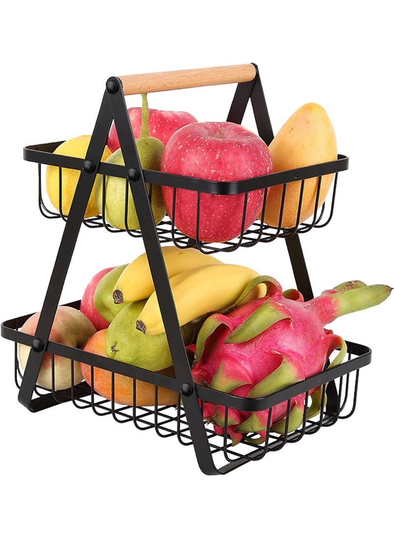 سکیلو سلة فاكهة معدنية قابلة للفصل من طبقتين، سلة فاكهة محمولة لطاولة المطبخ، حامل خضراوات معدني، منظم للخبز والوجبات الخفيفة والخضراوات والبطاطس - Image 1
