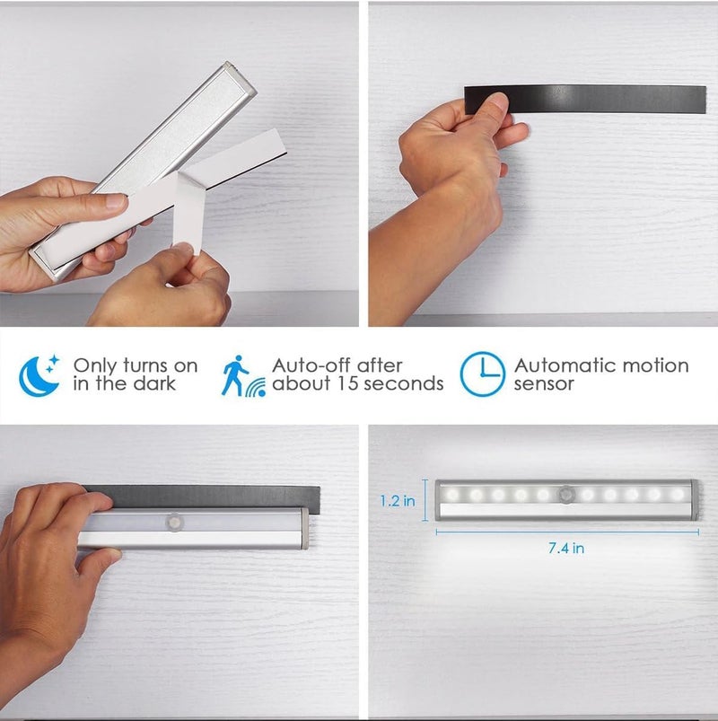 Quick Sense Motion Sensor Lights 10 LED DIY Stickon Anywhere Battery Operated Portable Wireless Cabinet Night Stairs Step Closet Light Bar with Magnetic Strip Cool White Pack of 2 - Image 4