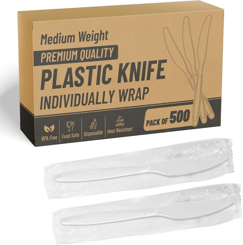 SafeWare Individually Wrapped White Plastic Knives 500 Pcs - Medium Weight - Ideal for House Party, Backyard BBQ, Picnic, Home, Use.…… - Image 1