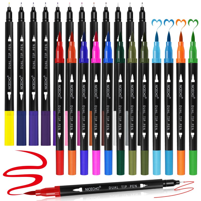 Nicecho 24 Colors Dual Tip Art Markers Pens for Adult Coloring Books, Brush and Fineliner Tip Art Suppliers for Journaling Note Taking Lettering - Image 1