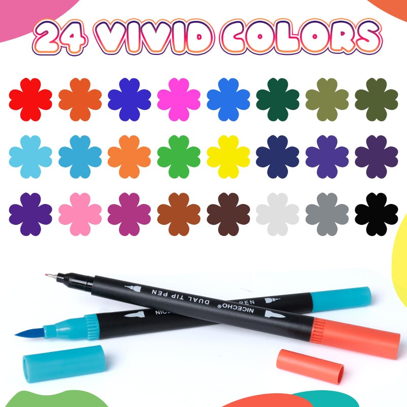 Nicecho 24 Colors Dual Tip Art Markers Pens for Adult Coloring Books, Brush and Fineliner Tip Art Suppliers for Journaling Note Taking Lettering - Image 3