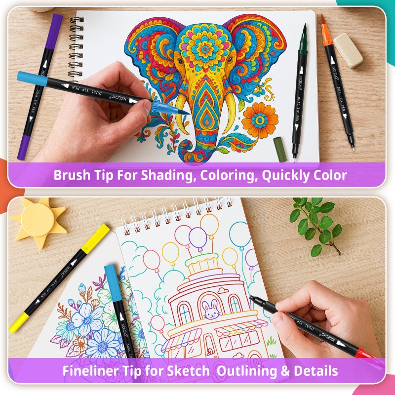 Nicecho 24 Colors Dual Tip Art Markers Pens for Adult Coloring Books, Brush and Fineliner Tip Art Suppliers for Journaling Note Taking Lettering - Image 4