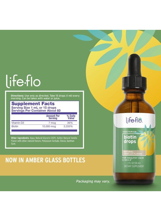 Life-flo - Life-Flo Biotin 10000mcg Drops with Vitamin D3, High Potency Liquid Biotin Supplement, Healthy Hair, Skin and Nails Support, Natural Vanilla Flavor, Vegetarian, 60-Day Guarantee, Approx. 60 Serv, 2oz - Image 1