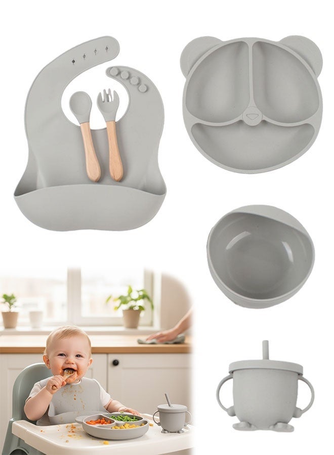 سوبر زي يوث 6-قطع سيليكون الطفل تغذية مجموعة ، الطفل ليد الفطام لوازم مع شفط السلطانية و تقسيم لوحة ، ملعقة خشبية وشوكة ، سيبي الكؤوس ، طفل المائدة مجموعة مع تعديل لينة سيليكون مريلة - Image 1