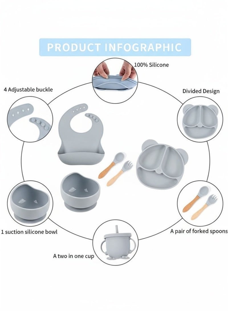 سوبر زي يوث 6-قطع سيليكون الطفل تغذية مجموعة ، الطفل ليد الفطام لوازم مع شفط السلطانية و تقسيم لوحة ، ملعقة خشبية وشوكة ، سيبي الكؤوس ، طفل المائدة مجموعة مع تعديل لينة سيليكون مريلة - Image 2