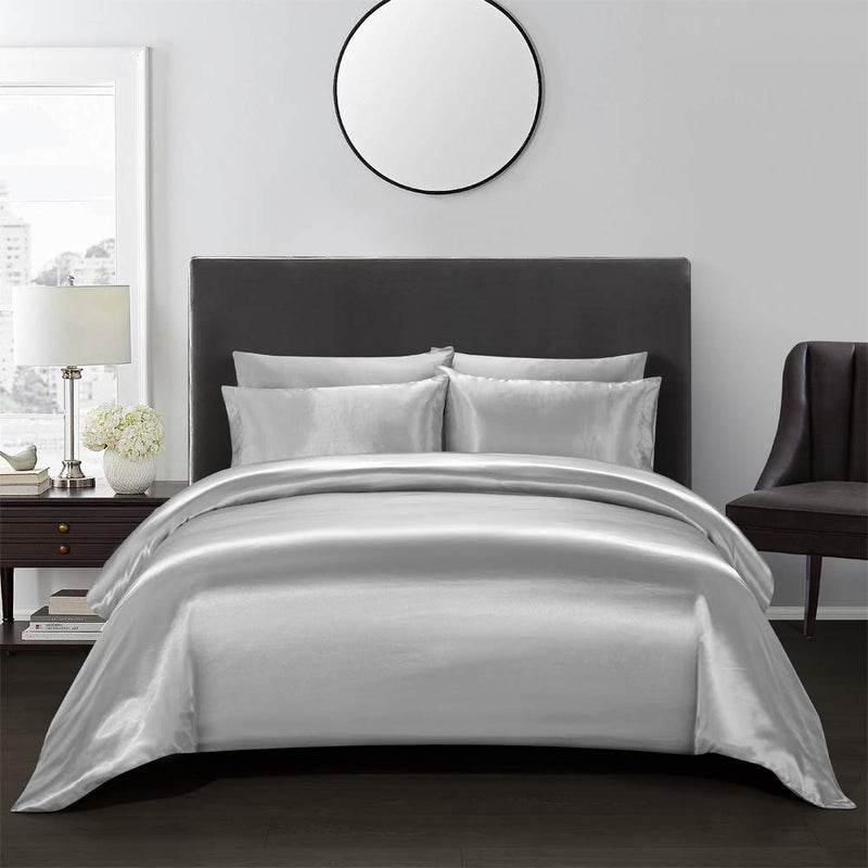 AiMay 3 Piece Satin Duvet Cover Set Bedding Sets 1800 Series Luxury Rich Silk Silky Super Soft Solid Color Reversible Comfortable Honeymoon Wrinkle Free (King, Grey) - Image 1