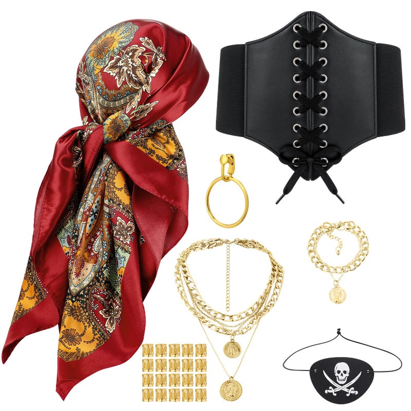 ZhouBoat 26Pcs Pirate Costume Accessories Women with Pirate Head Scarf Corset Eye Patch Necklace Bracelet Earrings Dreadlock Beads for Cosplay Party - Image 1
