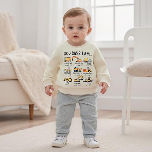 allshope Baby Boy Fall Clothes Set Long Sleeve Truck Tractor Print Sweatshirt Pants Toddler Infant Outfits 6 12 18 24 Months 2T (Tool Cars Beige, 12-18 Months) - Image 3