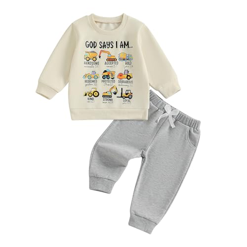 allshope Baby Boy Fall Clothes Set Long Sleeve Truck Tractor Print Sweatshirt Pants Toddler Infant Outfits 6 12 18 24 Months 2T (Tool Cars Beige, 12-18 Months) - Image 1