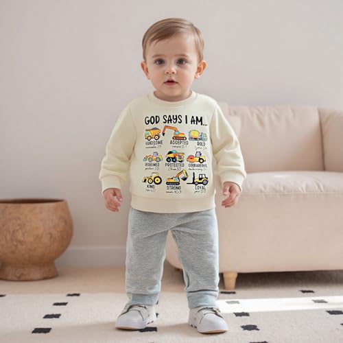 allshope Baby Boy Fall Clothes Set Long Sleeve Truck Tractor Print Sweatshirt Pants Toddler Infant Outfits 6 12 18 24 Months 2T (Tool Cars Beige, 12-18 Months) - Image 2