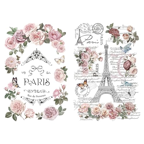 Joeyan Rub on Transfers for Crafts and Furniture - 2 Large 12"x18" Sheets Decorative Vintage Stickers and Decals, DIY Home Decor for Wood Glass Metal Porcelain Paper Plastic, Paris Flower Memory - Image 1