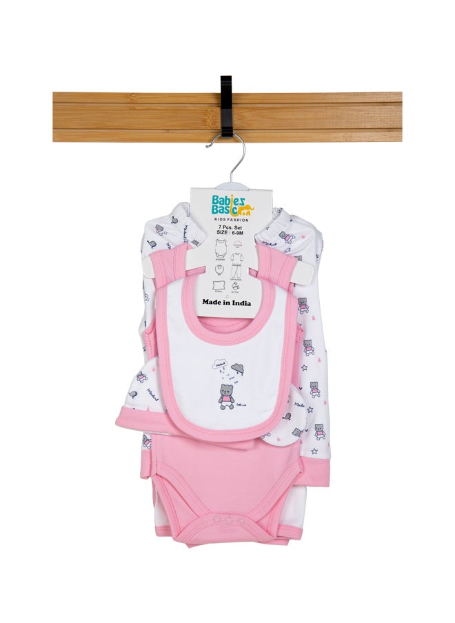 Babies Basic 7 Piece Unisex 100% Cotton Gift Set Include Bib, Blanket, Mitten, Cap, Romper, Top And Bottom Set, Pink  - Image 1