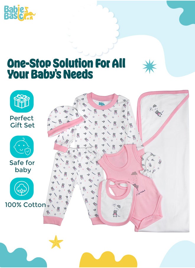 Babies Basic 7 Piece Unisex 100% Cotton Gift Set Include Bib, Blanket, Mitten, Cap, Romper, Top And Bottom Set, Pink  - Image 2