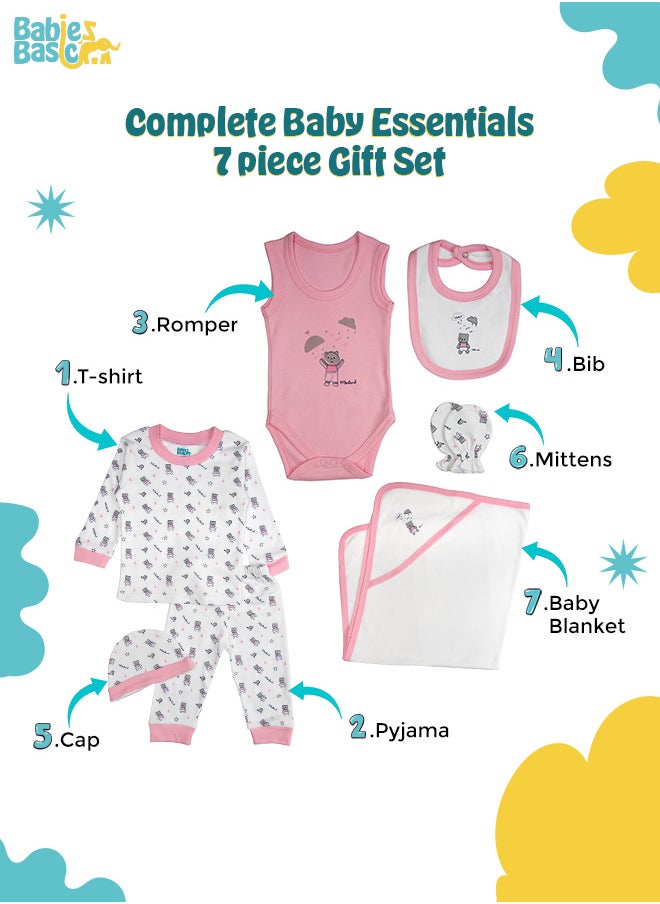 Babies Basic 7 Piece Unisex 100% Cotton Gift Set Include Bib, Blanket, Mitten, Cap, Romper, Top And Bottom Set, Pink  - Image 3