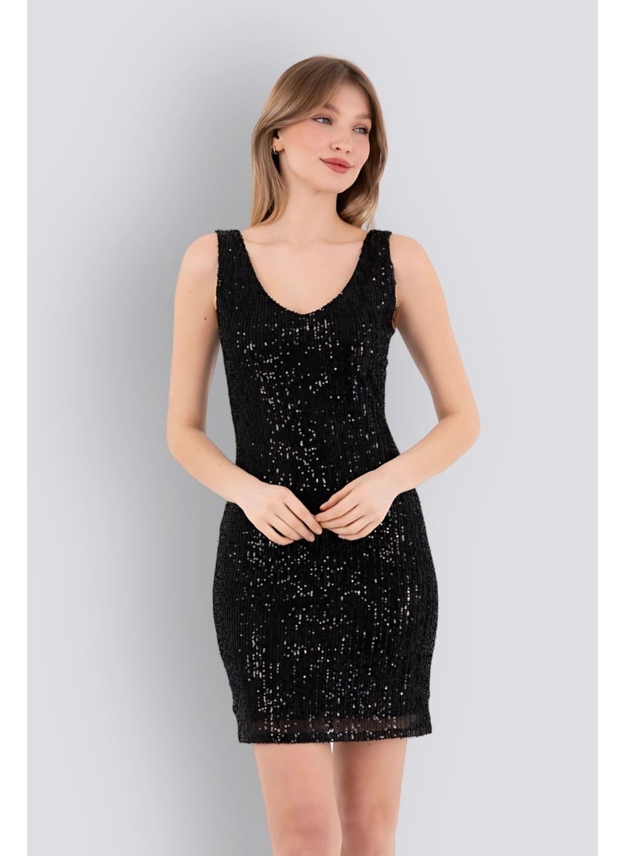 HOX'S Candice | Sequined Mini Slim Dress V Neck Sleeveless Backless - Black  - Image 1