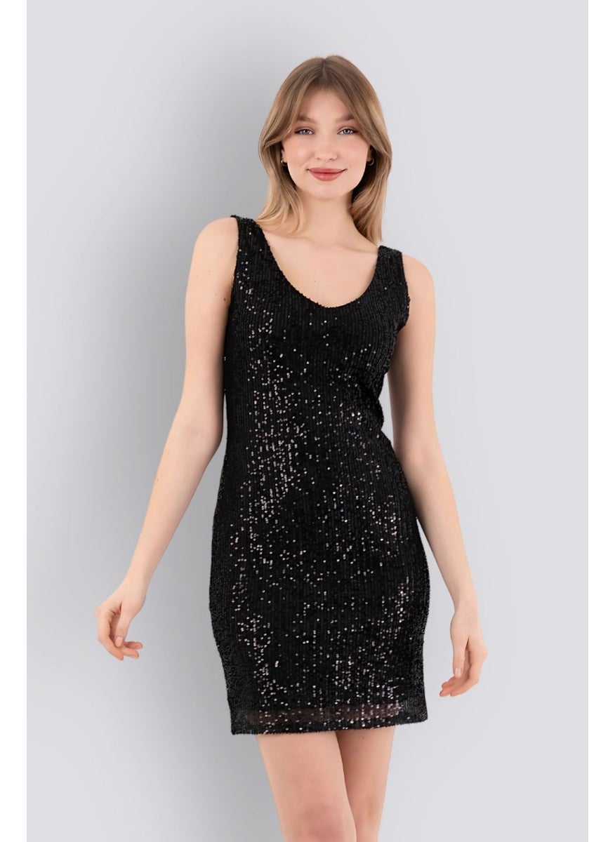 HOX'S Candice | Sequined Mini Slim Dress V Neck Sleeveless Backless - Black  - Image 4