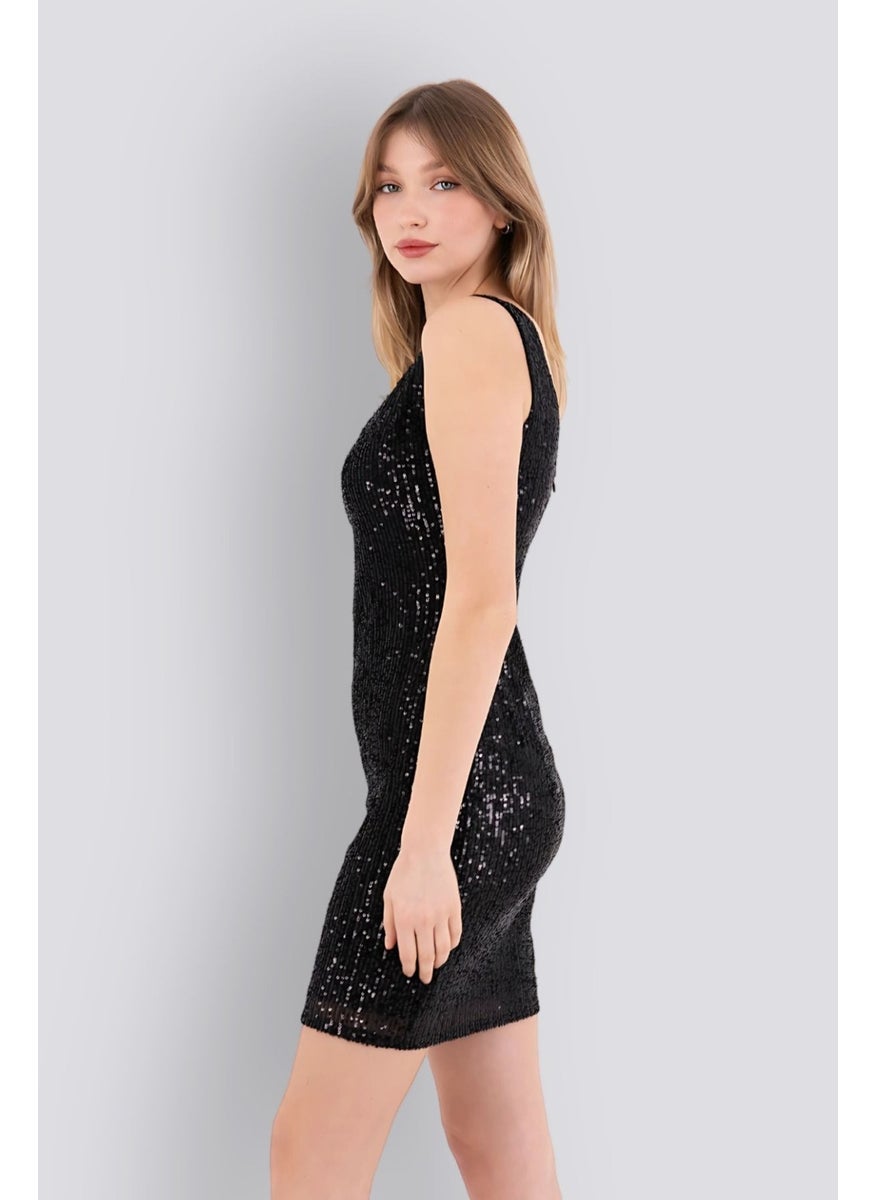 HOX'S Candice | Sequined Mini Slim Dress V Neck Sleeveless Backless - Black  - Image 5